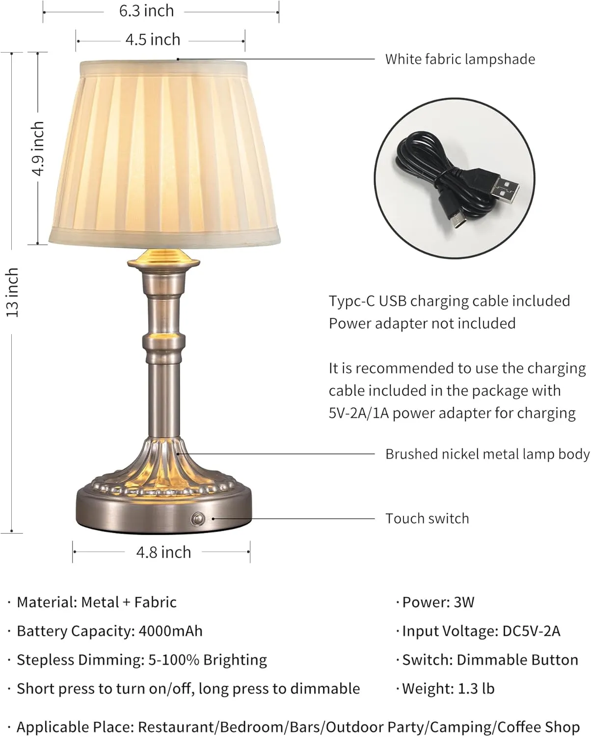 KDG Cordless Portables Table Lamp Set of 2, LED Fabric Shade Small Desk Lamps, 5000mAh Battery Powered Lighting, 2700K Stepless Dimmable Light for Living Room, Dining Room, Bedroom, Bedside (Nickel)