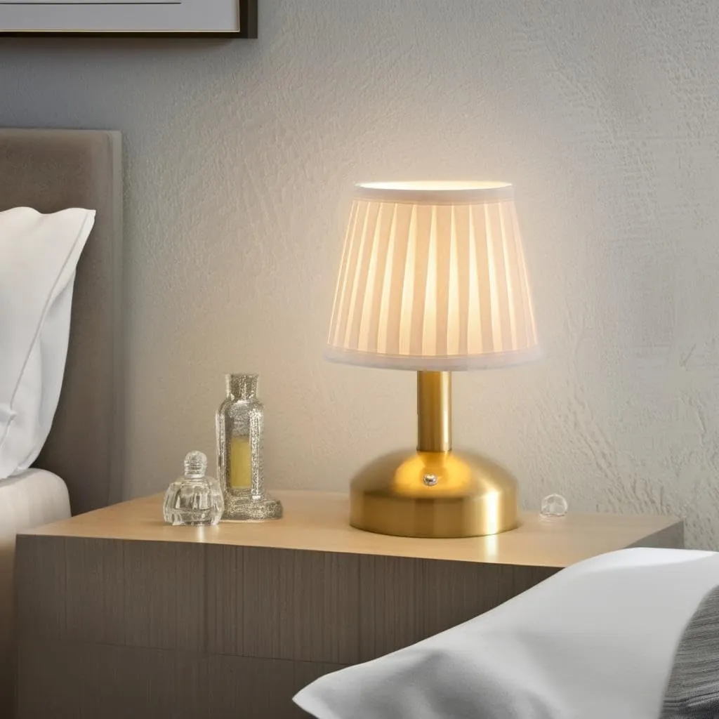 KDG Modern Cordless Small Table Lamp, Portable LED Fabric Shade Desk Lamps, 5000mAh Rechargeable Battery Operated Lighting for Bedroom, Bedside, Bar, Living Room, Dining Room, Night Light(Gold)