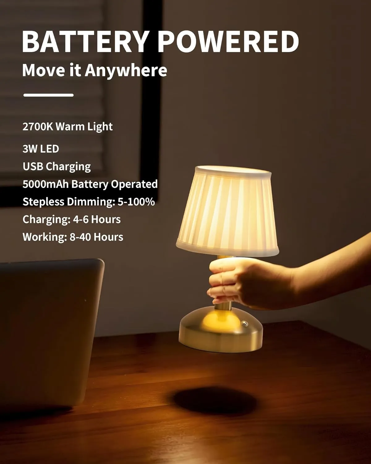 KDG Modern Cordless Small Table Lamp, Portable LED Fabric Shade Desk Lamps, 5000mAh Rechargeable Battery Operated Lighting for Bedroom, Bedside, Bar, Living Room, Dining Room, Night Light(Gold)