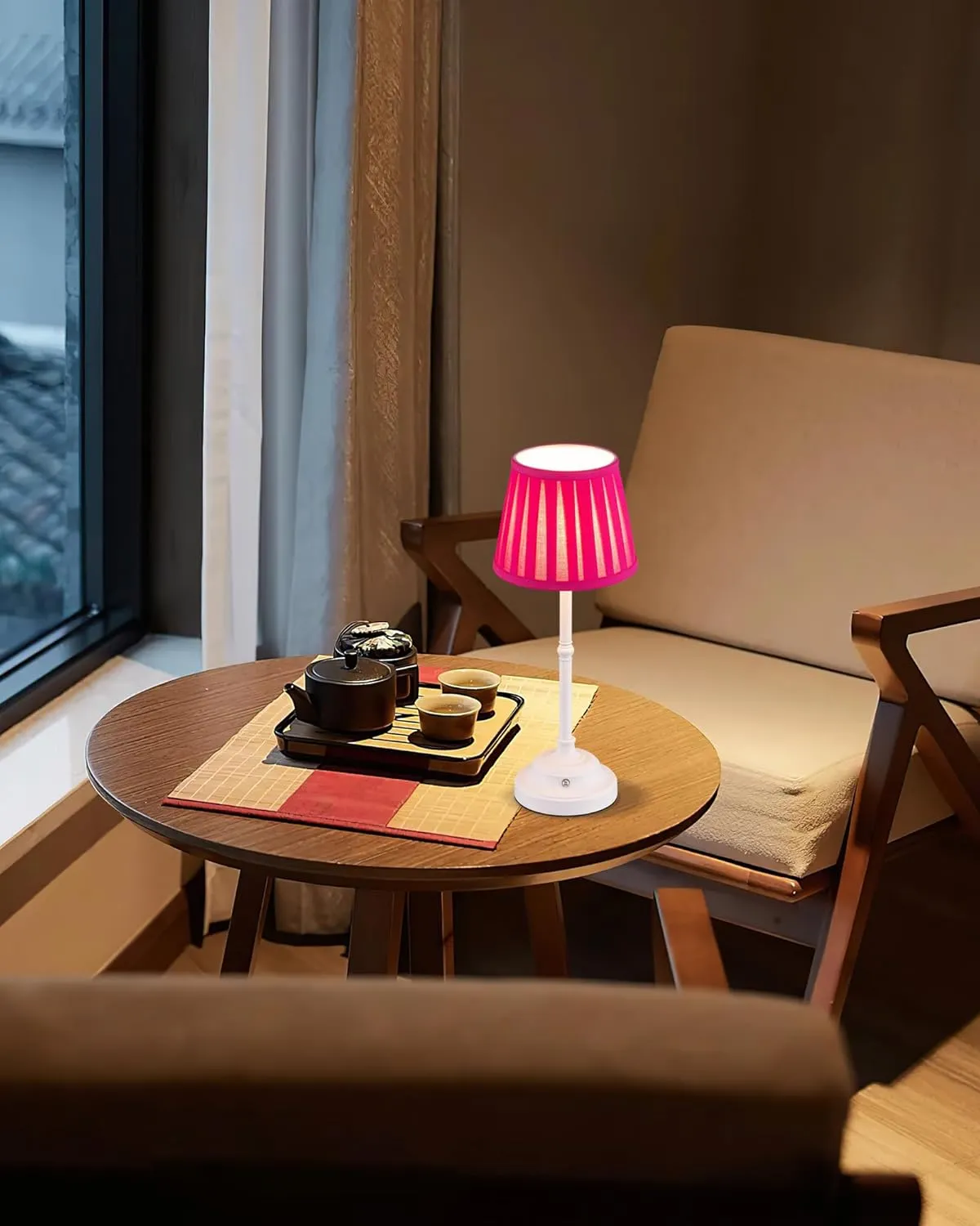 KDG Portables Cordless Table Lamp, Fabric Shade Desk Lamp, 4000mAh Rechargeable Battery Powered Lighting, Dimmable Light for Dining Room, Bedroom, Bedside, Night Light, Camping, Balcony (Pink-Purple)