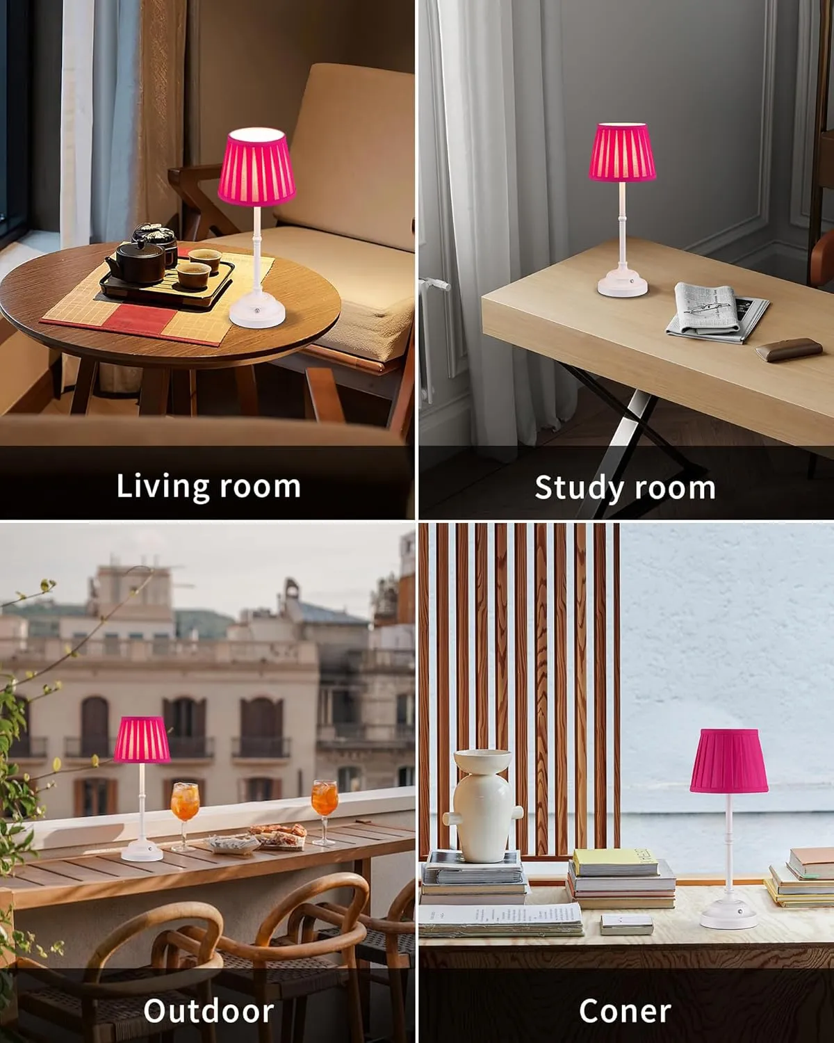 KDG Portables Cordless Table Lamp, Fabric Shade Desk Lamp, 4000mAh Rechargeable Battery Powered Lighting, Dimmable Light for Dining Room, Bedroom, Bedside, Night Light, Camping, Balcony (Pink-Purple)