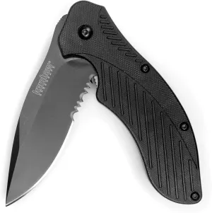 Kershaw Clash Black Serrated Pocketknife, 3" 8Cr13MoV Steel Drop Point Blade, Assisted One-Handed Flipper Opening, Folding Utility EDC