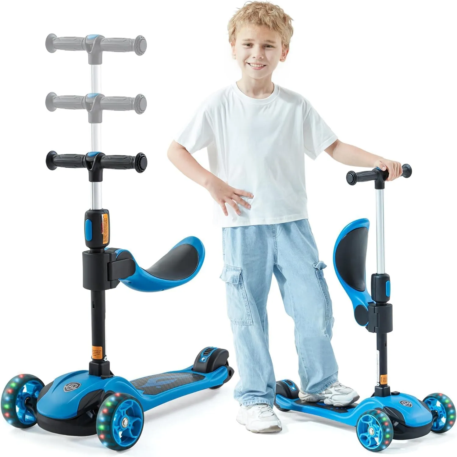 Kick Scooter Adjustable Height for Kids Ages 2-6 3 Wheel Scooter with LED Light and Extra Wide Deck ，Kids Scooter， Blue