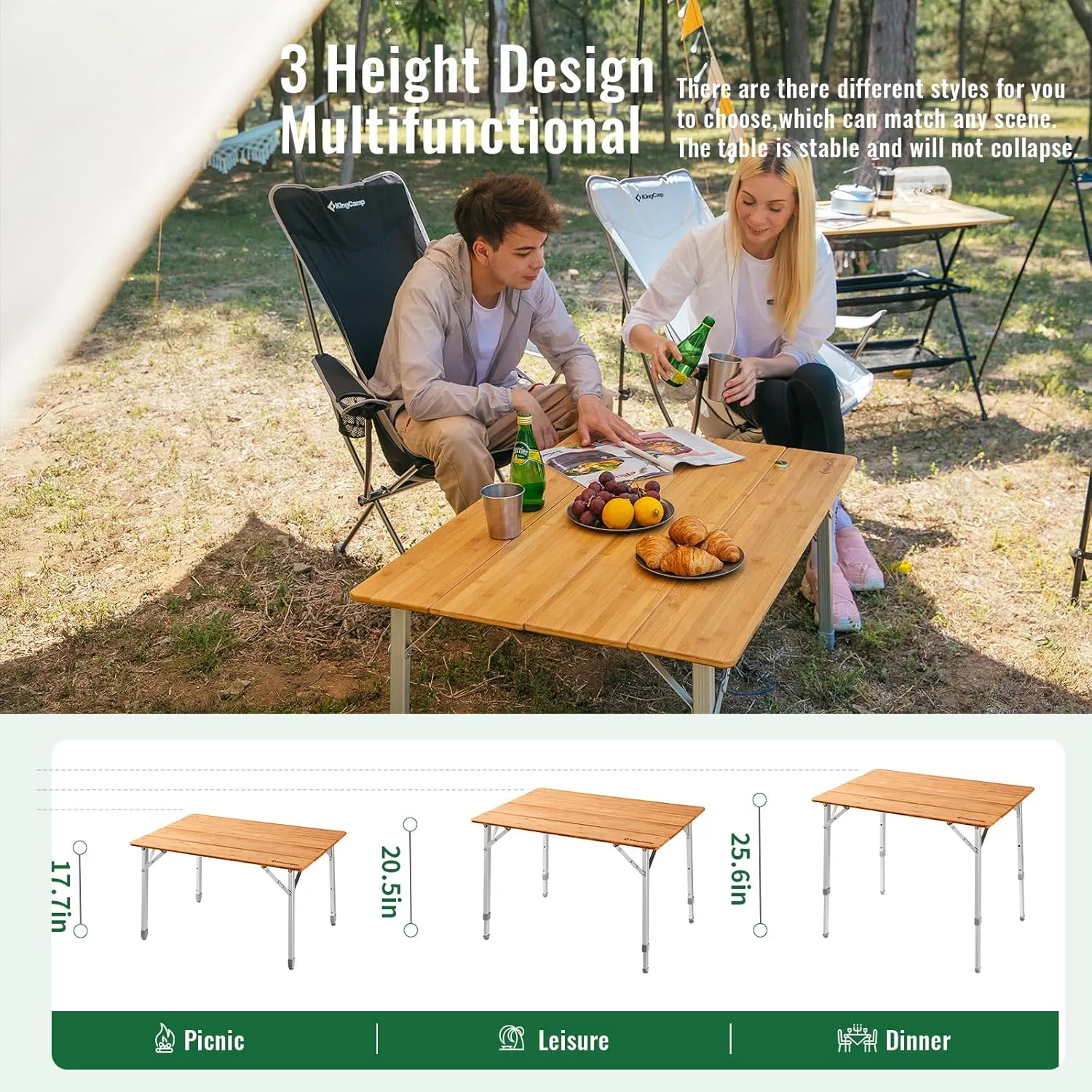 KingCamp Adjustable Height Folding Table, 4-Fold Bamboo Camping Outdoor Portable RV Camp Table with Carry Bag for Outdoor Car Backyard Picnic Tailgating Beach