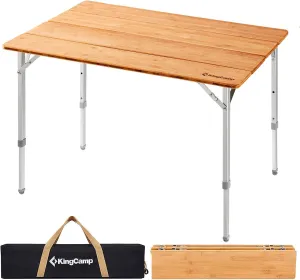 KingCamp Adjustable Height Folding Table, 4-Fold Bamboo Camping Outdoor Portable RV Camp Table with Carry Bag for Outdoor Car Backyard Picnic Tailgating Beach