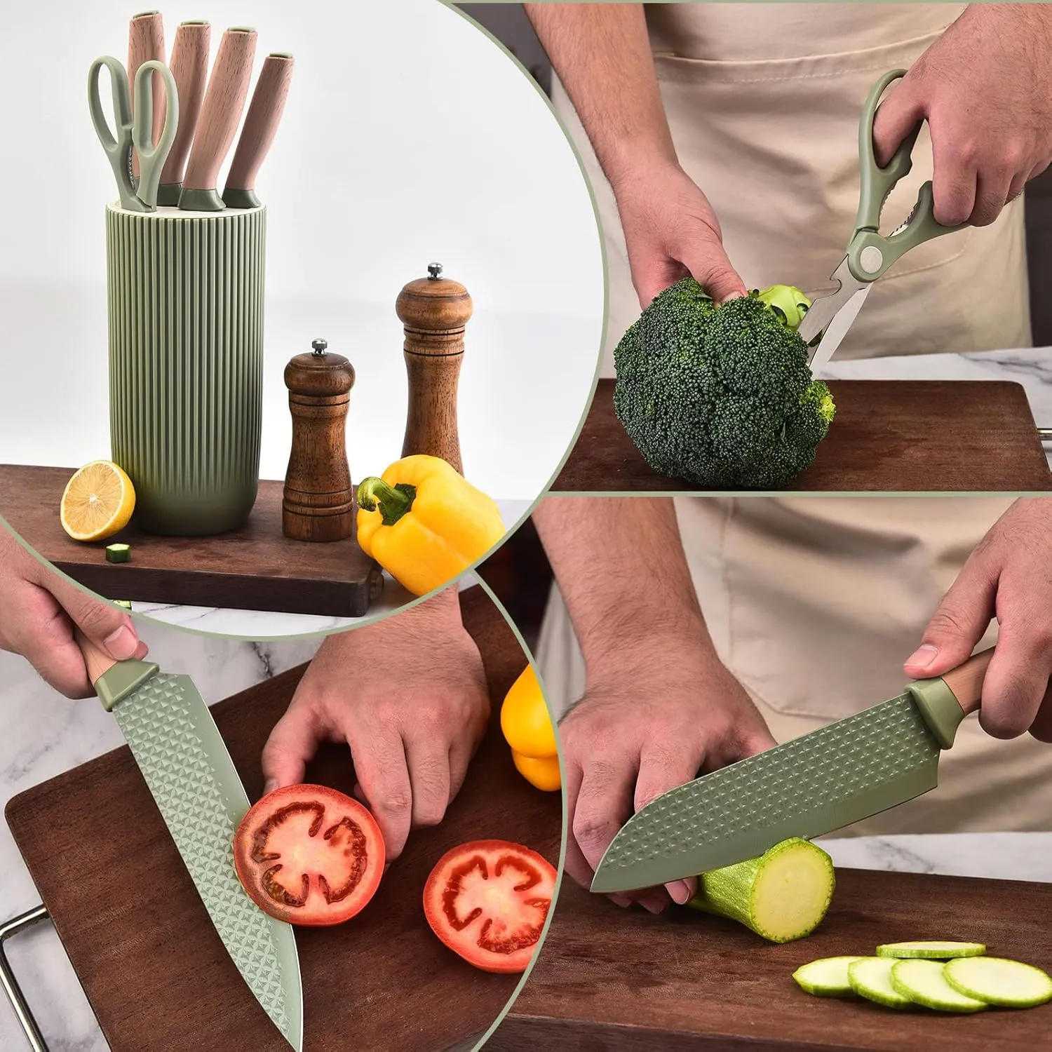Kitchen Block Knife Sets, 6-Pieces Green Chef Knife Set with Removable Round Block, Non-stick & Non-slip Stainless Steel Sharp Knife Set for Restaurant Home Cooking, Gifts for Mom Wife Girl (Green)