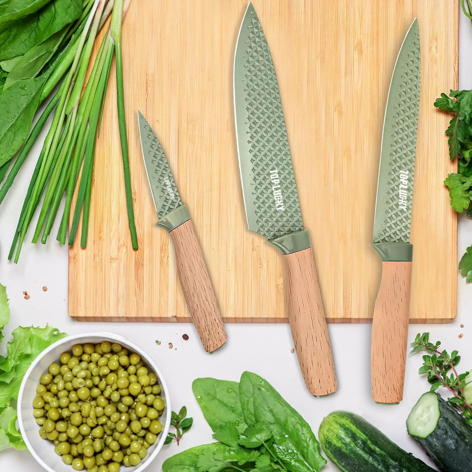 Kitchen Block Knife Sets, 6-Pieces Green Chef Knife Set with Removable Round Block, Non-stick & Non-slip Stainless Steel Sharp Knife Set for Restaurant Home Cooking, Gifts for Mom Wife Girl (Green)