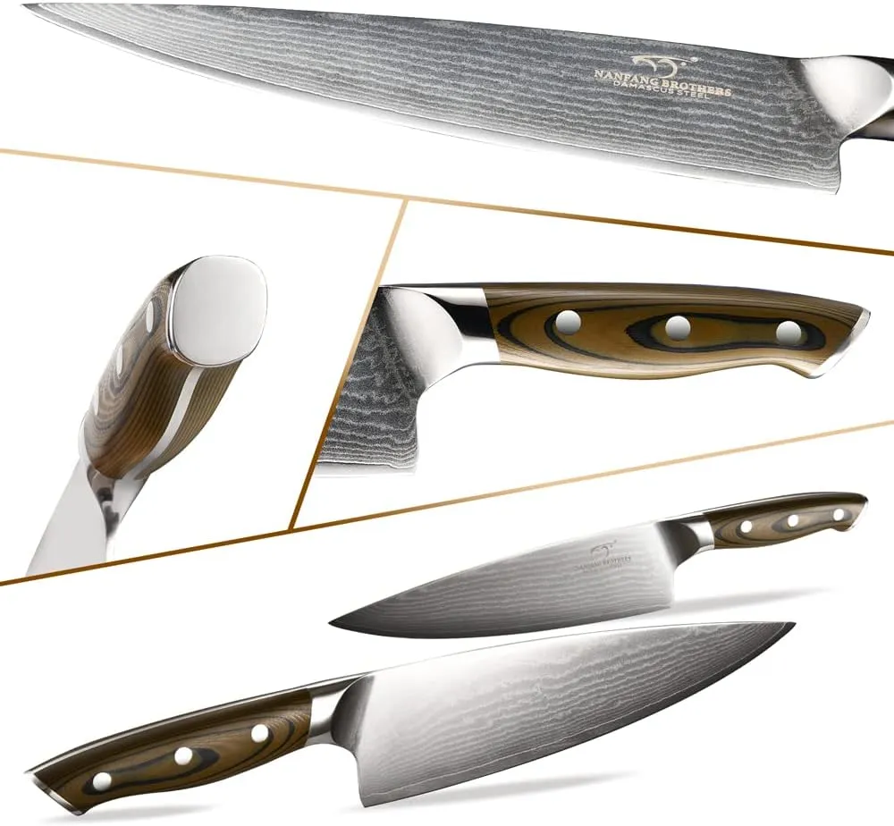 Kitchen Damascus Knife Set, 9-Piece Kitchen Knife Set with Block, Non-slip G10 Ergonomic Triple Rivet Handle for Chef Knives, Knife Sharpener and Kitchen Shears, Natural Wood Block (Brown/Grey)