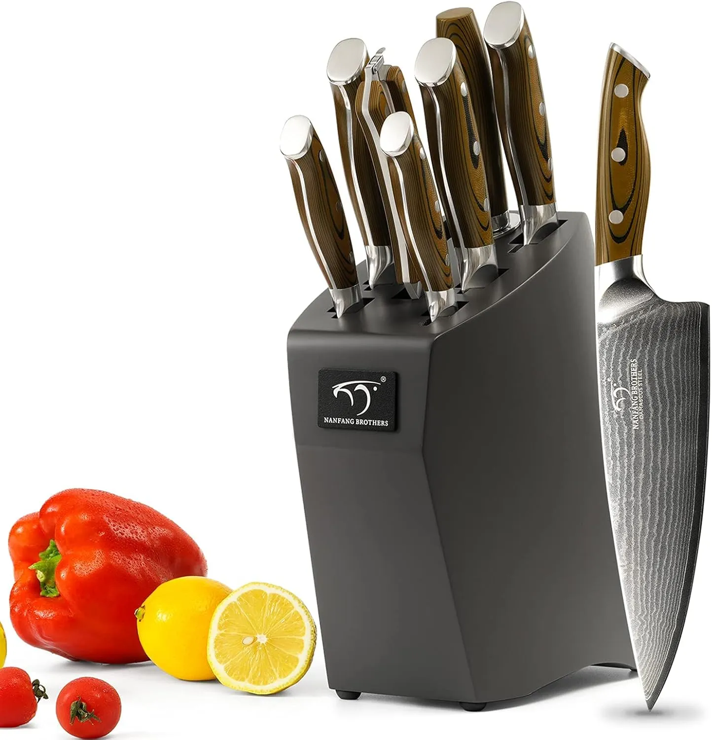 Kitchen Damascus Knife Set, 9-Piece Kitchen Knife Set with Block, Non-slip G10 Ergonomic Triple Rivet Handle for Chef Knives, Knife Sharpener and Kitchen Shears, Natural Wood Block (Brown/Grey)