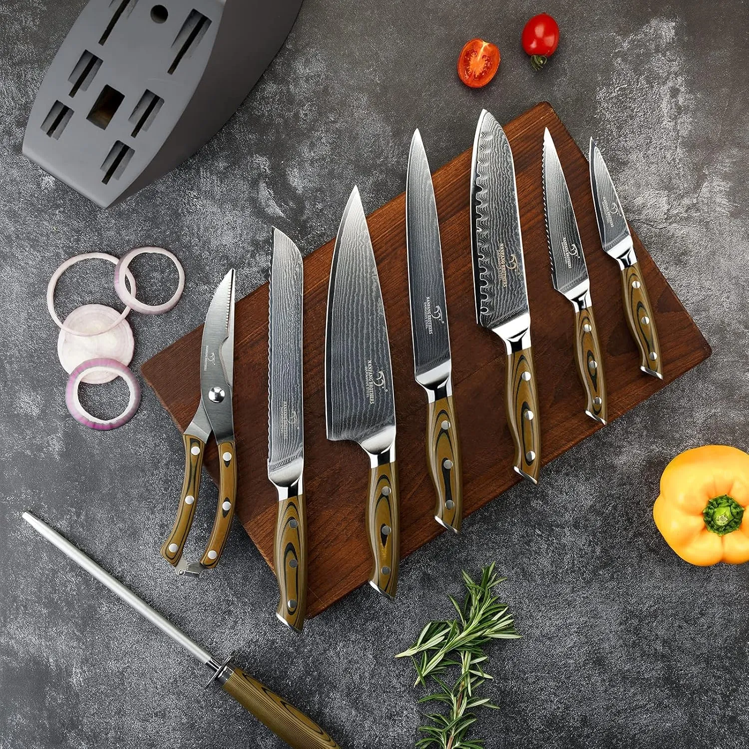 Kitchen Damascus Knife Set, 9-Piece Kitchen Knife Set with Block, Non-slip G10 Ergonomic Triple Rivet Handle for Chef Knives, Knife Sharpener and Kitchen Shears, Natural Wood Block (Brown/Grey)