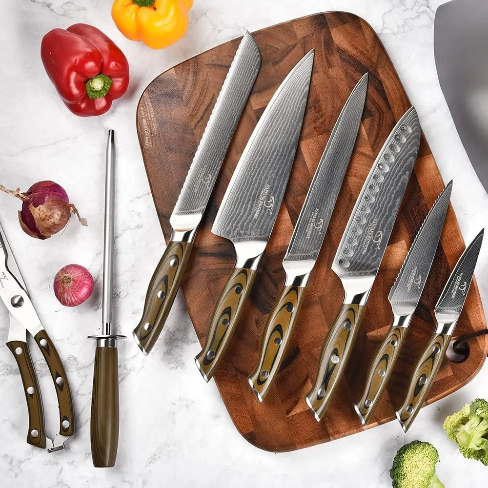 Kitchen Damascus Knife Set, 9-Piece Kitchen Knife Set with Block, Non-slip G10 Ergonomic Triple Rivet Handle for Chef Knives, Knife Sharpener and Kitchen Shears, Natural Wood Block (Brown/Grey)