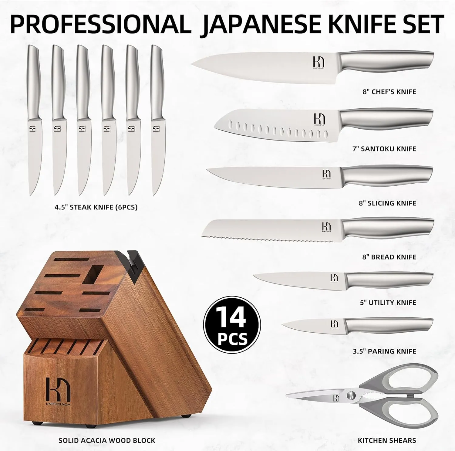 Kitchen Knife Set 14 Piece Premium Japanese High Carbon Stainless Steel Knife Block Sets with Built-in Sharpener, Razor Sharp Knives Set for Kitchen, Quality Acacia Wood Block Knife Set