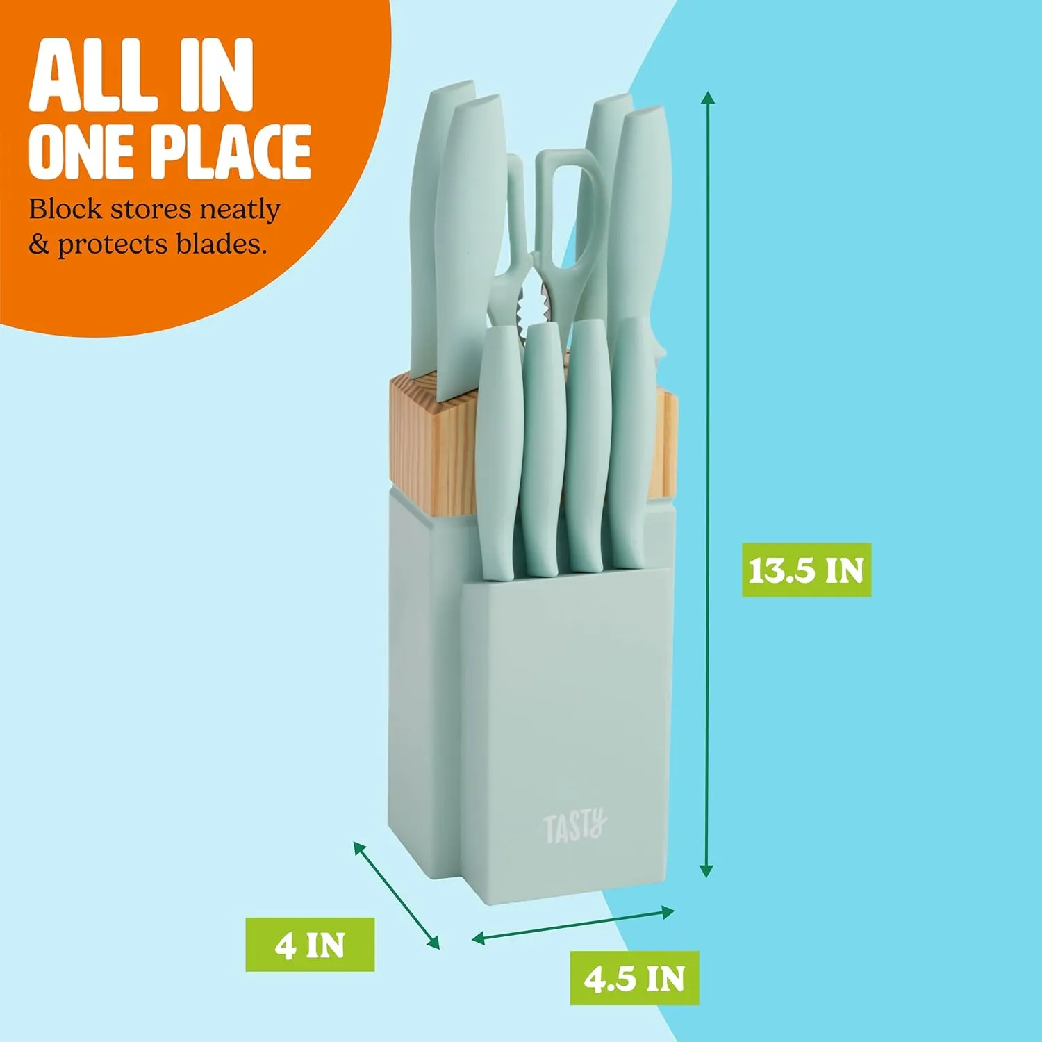 Kitchen Knife Set with Block, Cutlery Set includes Chef, Bread, Utility, Paring, Steak Knives & Shears, 10-Piece, Aqua