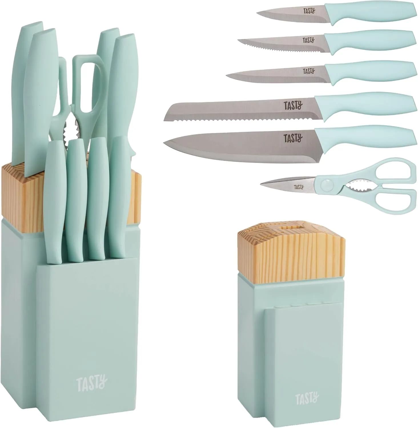 Kitchen Knife Set with Block, Cutlery Set includes Chef, Bread, Utility, Paring, Steak Knives & Shears, 10-Piece, Aqua