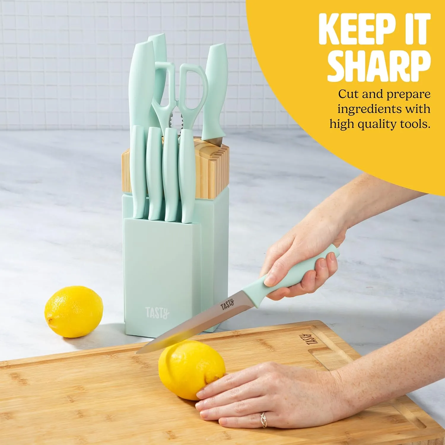 Kitchen Knife Set with Block, Cutlery Set includes Chef, Bread, Utility, Paring, Steak Knives & Shears, 10-Piece, Aqua
