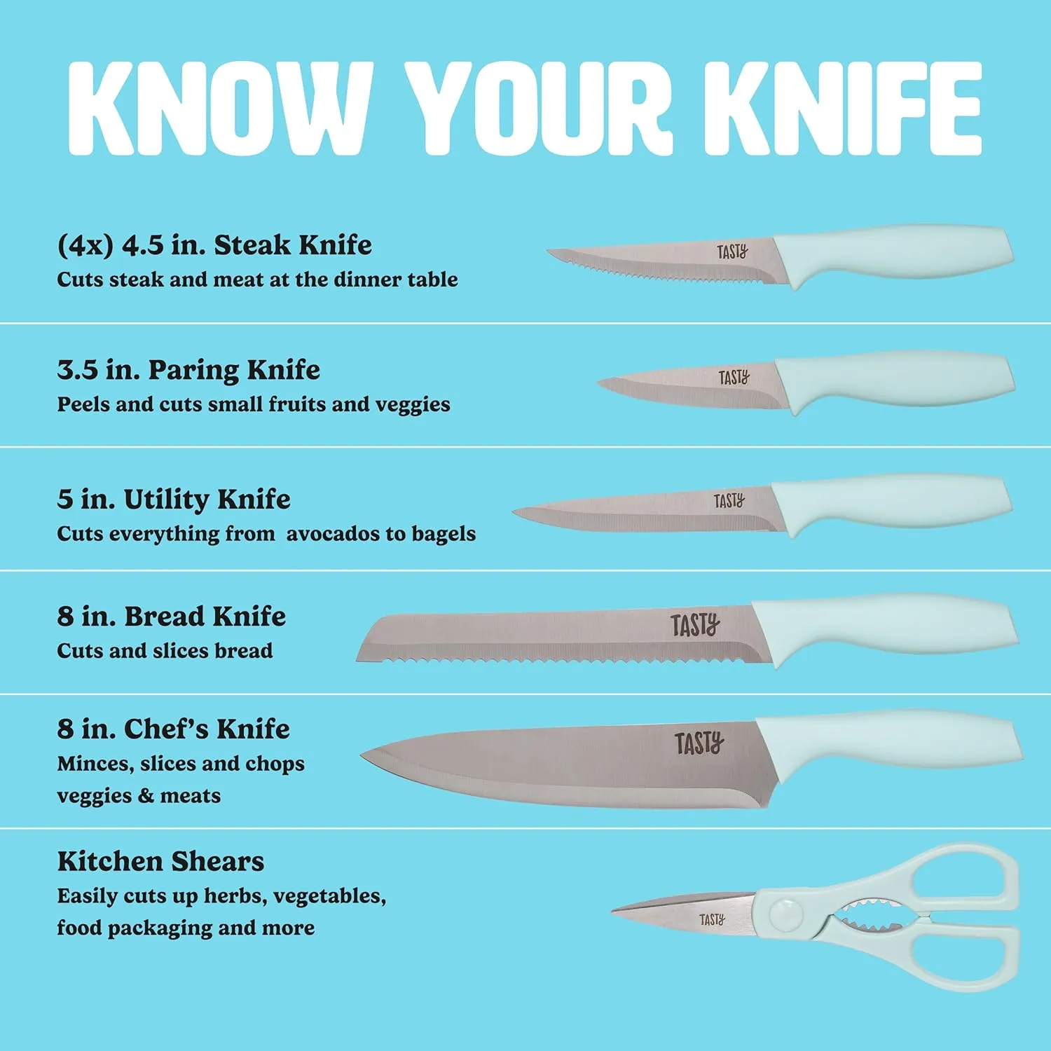 Kitchen Knife Set with Block, Cutlery Set includes Chef, Bread, Utility, Paring, Steak Knives & Shears, 10-Piece, Aqua