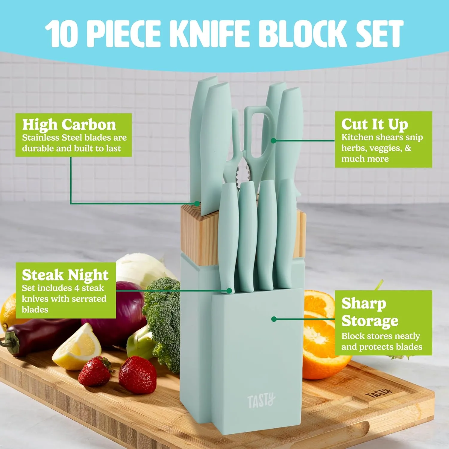 Kitchen Knife Set with Block, Cutlery Set includes Chef, Bread, Utility, Paring, Steak Knives & Shears, 10-Piece, Aqua