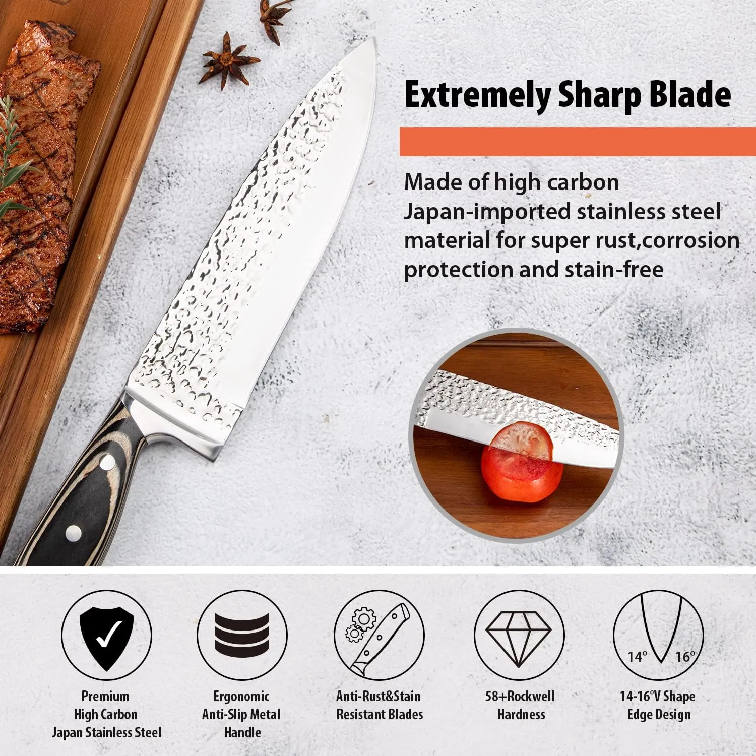 Kitchen Knife Set,15-Piece Knife Set With Block Wooden,Self Sharpening For Chef Knife Set,High Carbon Japan Stainless Steel Hammered Collection Knife Block Set with Steak Knives (Gray)