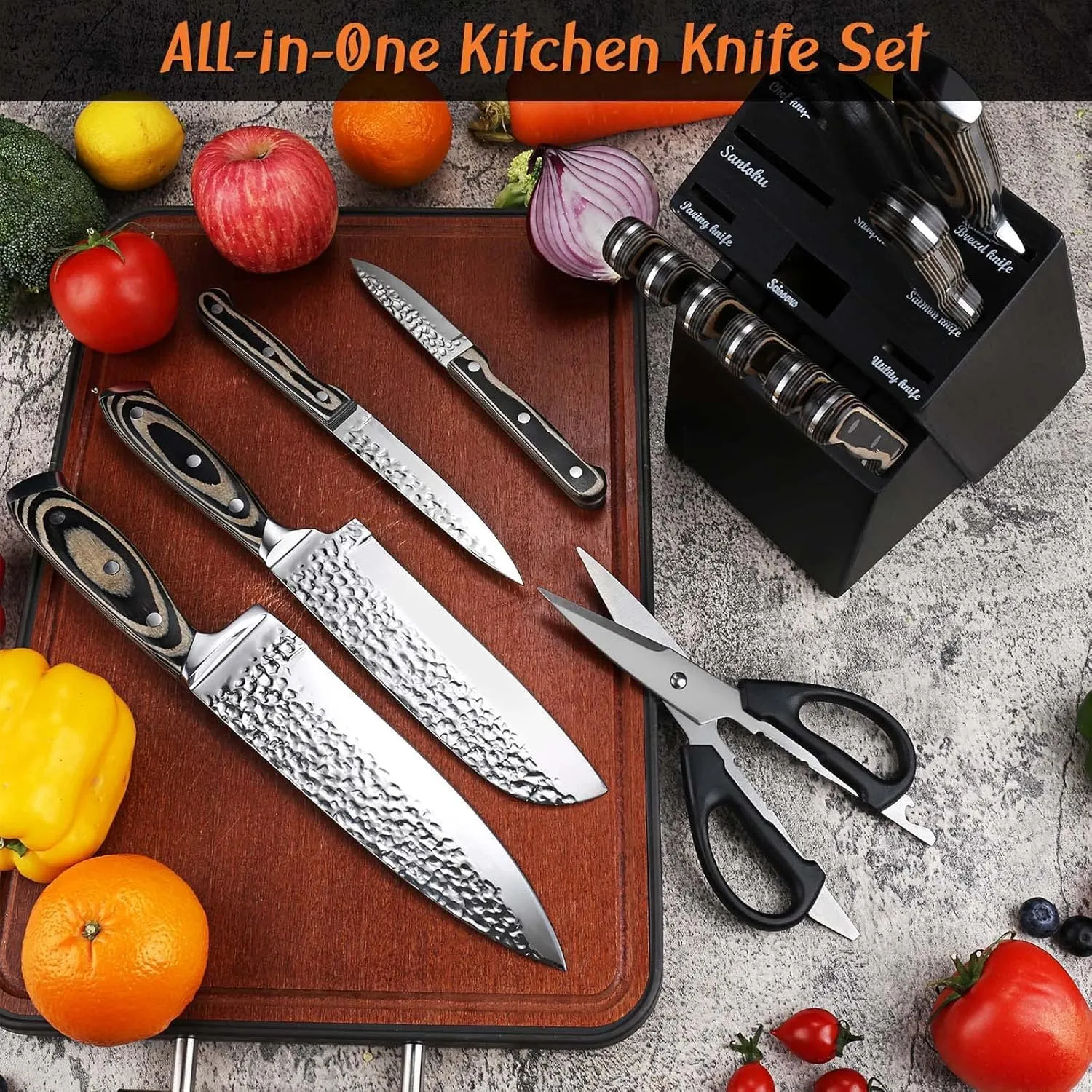 Kitchen Knife Set,15-Piece Knife Set With Block Wooden,Self Sharpening For Chef Knife Set,High Carbon Japan Stainless Steel Hammered Collection Knife Block Set with Steak Knives (Gray)
