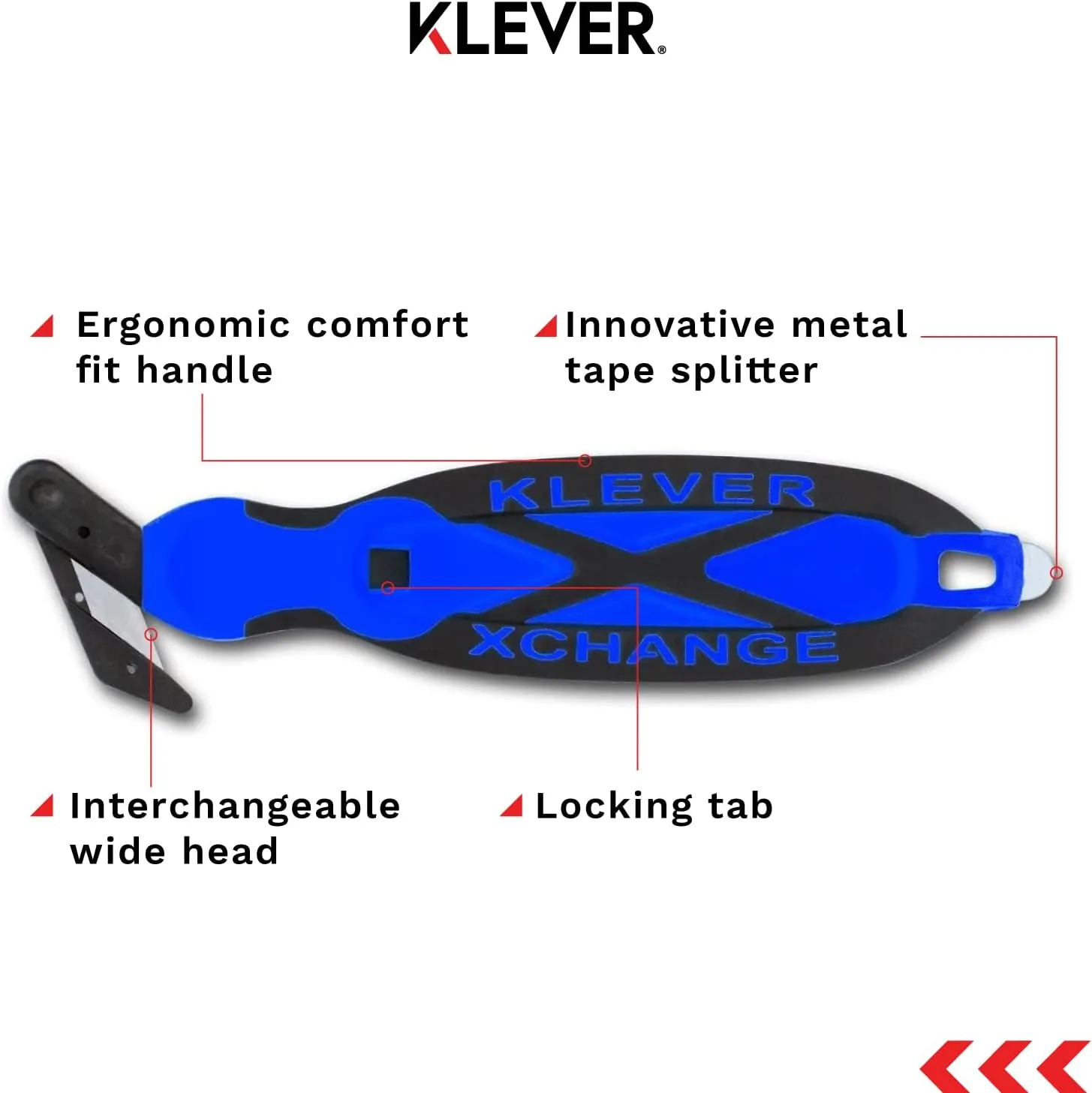 Klever XChange Box Cutter, Kutter Package Opener Wide Cut Head, Ergonomic Soft Touch Handle Utility Knife, Cuts Thicker Substrates, Boxes, Film, Tape and More Applications, Blue, 10 Pack (KCJ-XC-30B)
