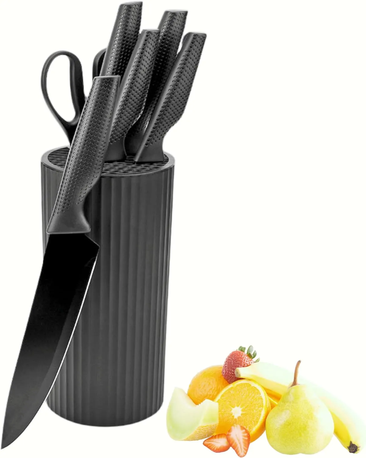 Knife Block Set, Kitchen Knife Scissors With Compact Holder, New Home Apartment RV Essentials, No Stick Sharp Chef Knife, Dishwasher Safe, Black