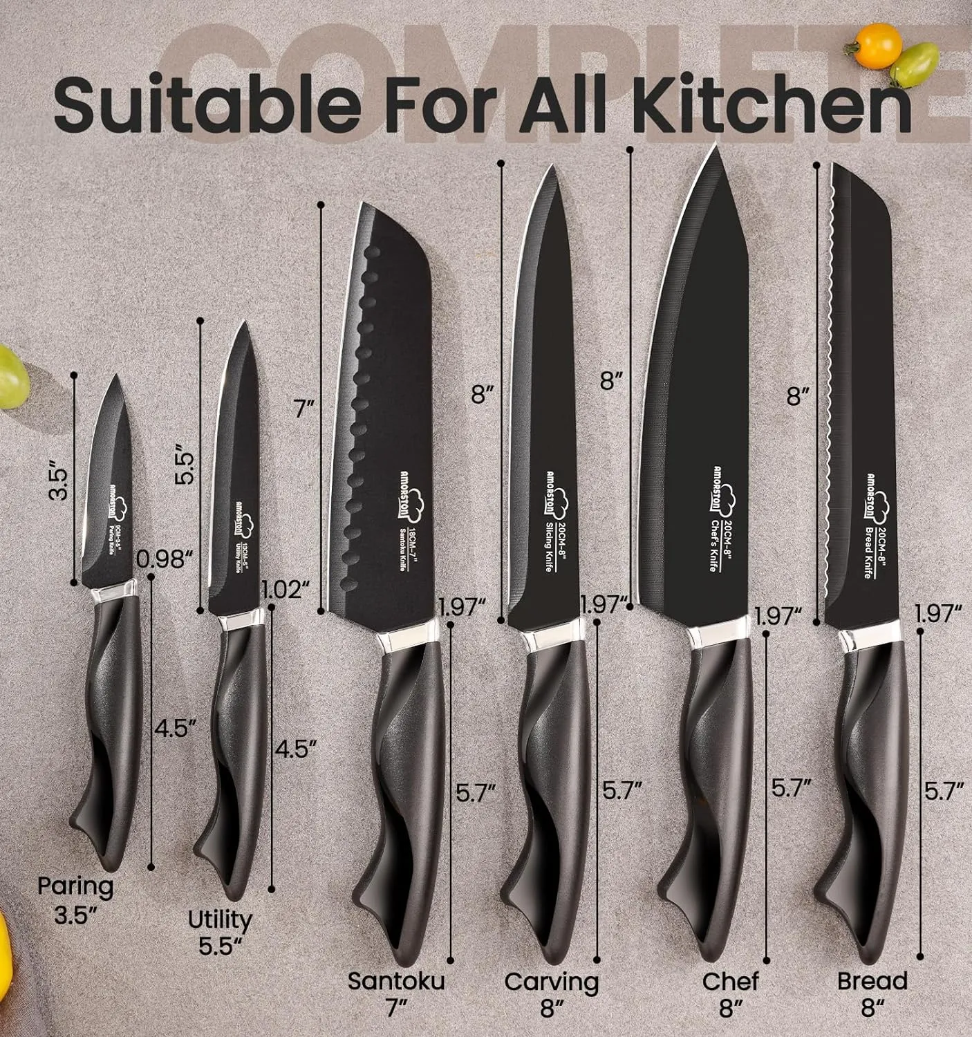 Knife Set, 15 Pieces Kitchen Knife Set with Built in Sharpener, German High Carbon Stainless Steel Knife Block Set, Dishwasher Safe, Black