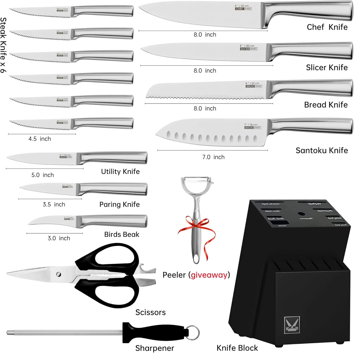 Knife Set, 16 Pieces Kitchen Knife Set with Wood Block, Chef Knife with 6 Pieces Steak Knife, High Carbon Stainless Steel Japanese Knives for Multipurpose Cooking