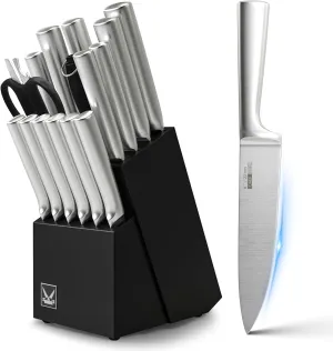 Knife Set, 16 Pieces Kitchen Knife Set with Wood Block, Chef Knife with 6 Pieces Steak Knife, High Carbon Stainless Steel Japanese Knives for Multipurpose Cooking