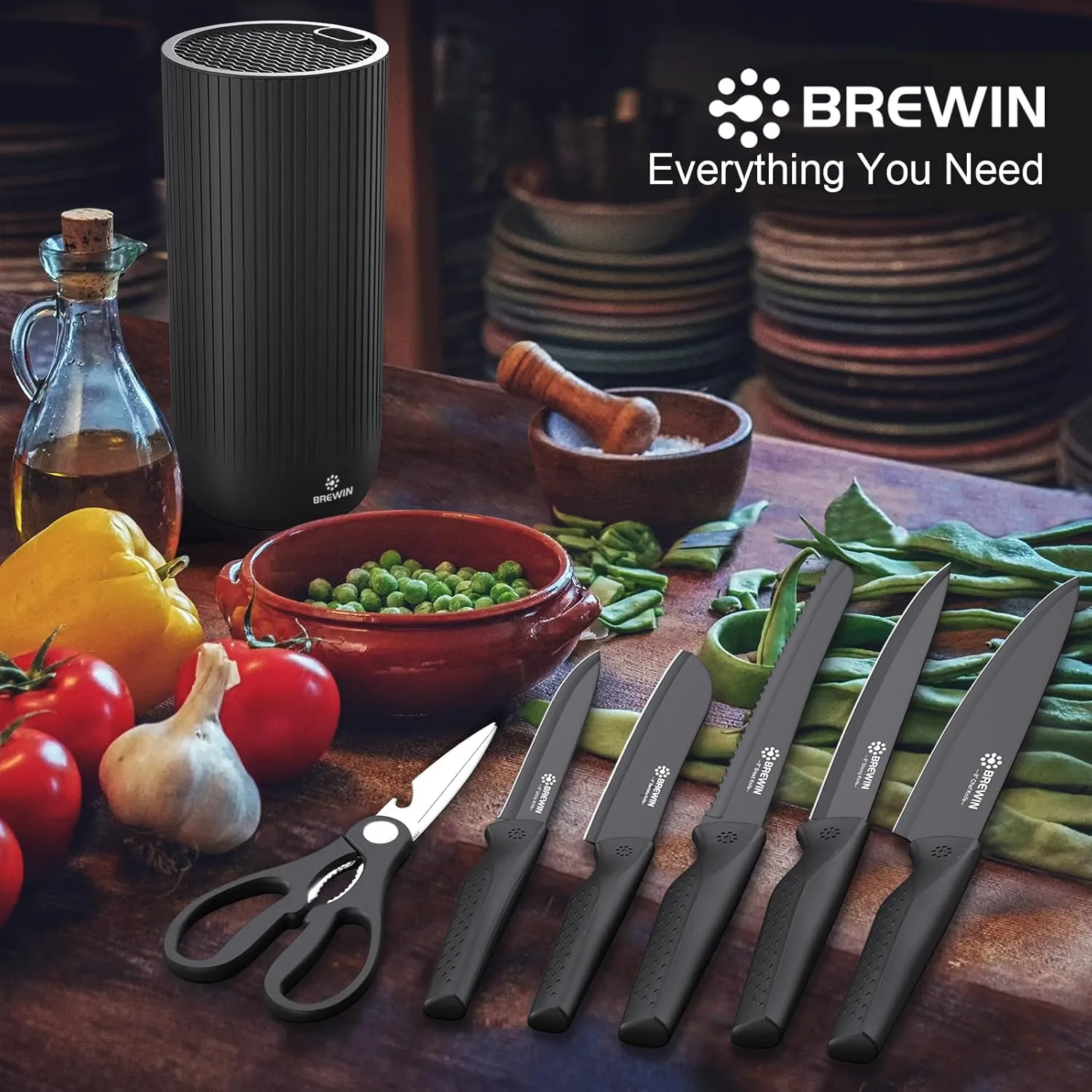 Knife Set, Brewin Kitchen Knife Set, Knives Set for Kitchen, Universal Knife Block, Utility Knife Block Set, Kitchen Essentials, New Home Essentials, Apartment Essentials, Dishwasher Safe
