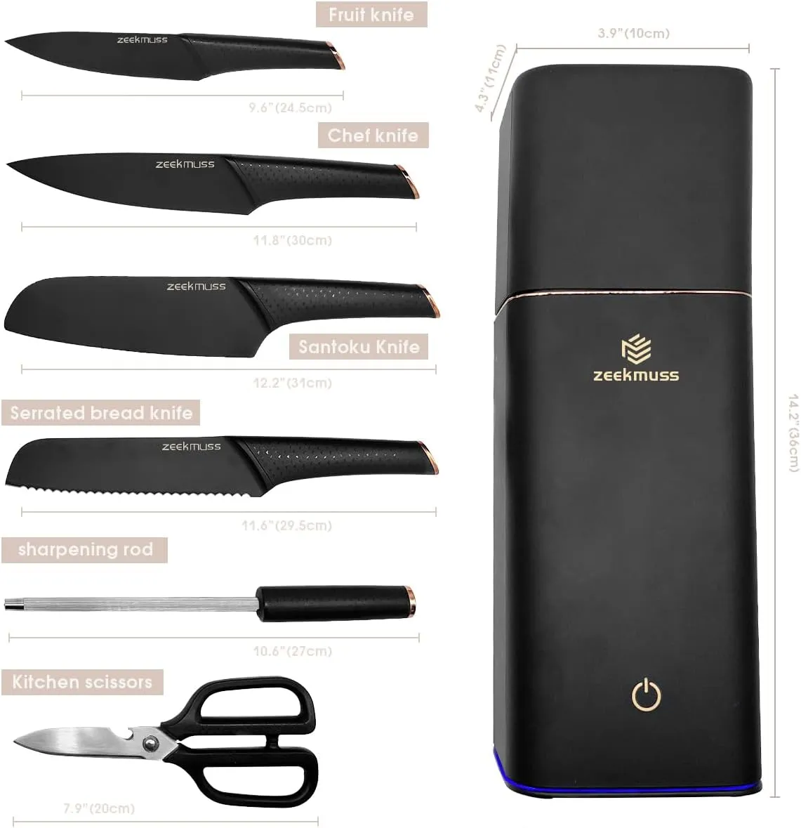Knife Set Knife Sets for Kitchen with Block 6-Piece Stainless Steel Block Knife Set with Sharpener Kitchen Scissors Smart Knife Holder Keep Clean and Dry Kitchen Home Gift (Black)