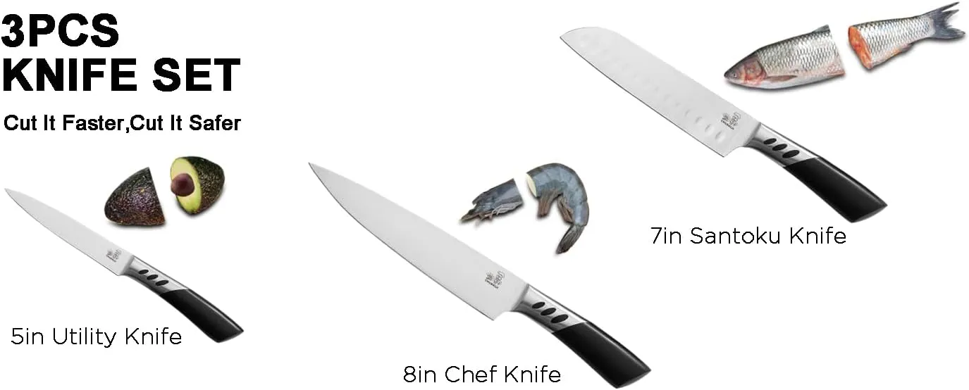 Knife Set,kitchen knives,3PCS kitchen knives set,high carbon Stainless Steel Knife Set,8 Inch Chef Knife,7 Inch Santoku Knife,5 Inch Utility Knife for BBQ or gifts,