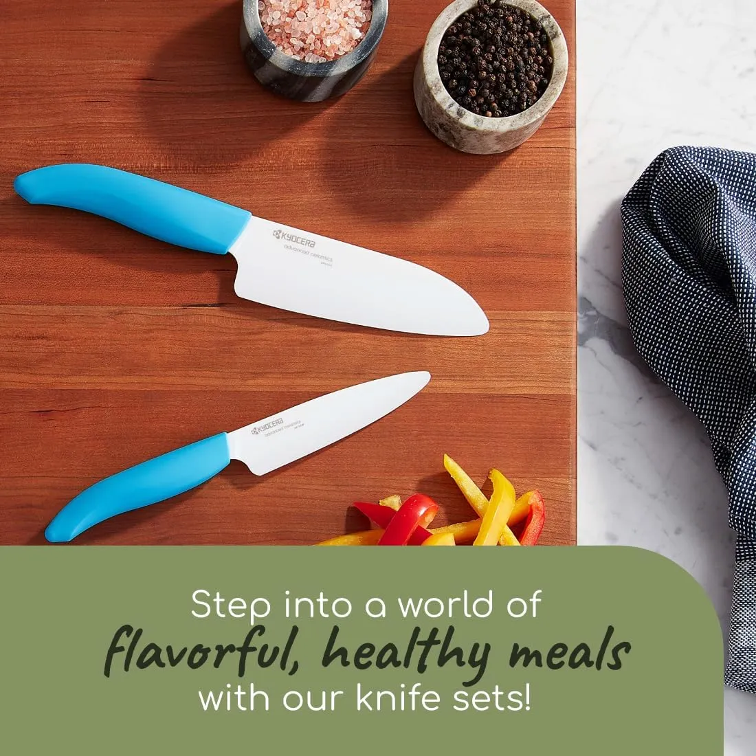 KYOCERA Revolution 2-Piece Ceramic Knife Set: Chef Knife For Your Cooking Needs, 5.5" Santoku and 4.5" Utility Knife, White Blades with Blue Handles, White/Blue