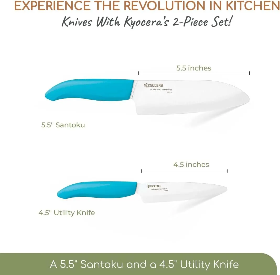 KYOCERA Revolution 2-Piece Ceramic Knife Set: Chef Knife For Your Cooking Needs, 5.5" Santoku and 4.5" Utility Knife, White Blades with Blue Handles, White/Blue