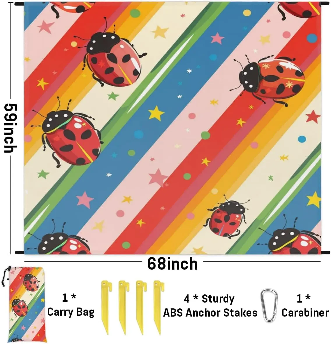 Ladybuges Beach Blanket, Sandproof Beach Mat, Adults Waterproof Quick Drying Sand Free Mat with 4 x Ground Spikes for Outdoor Travel Camping Hiking, Red Ladybugs Rainbow