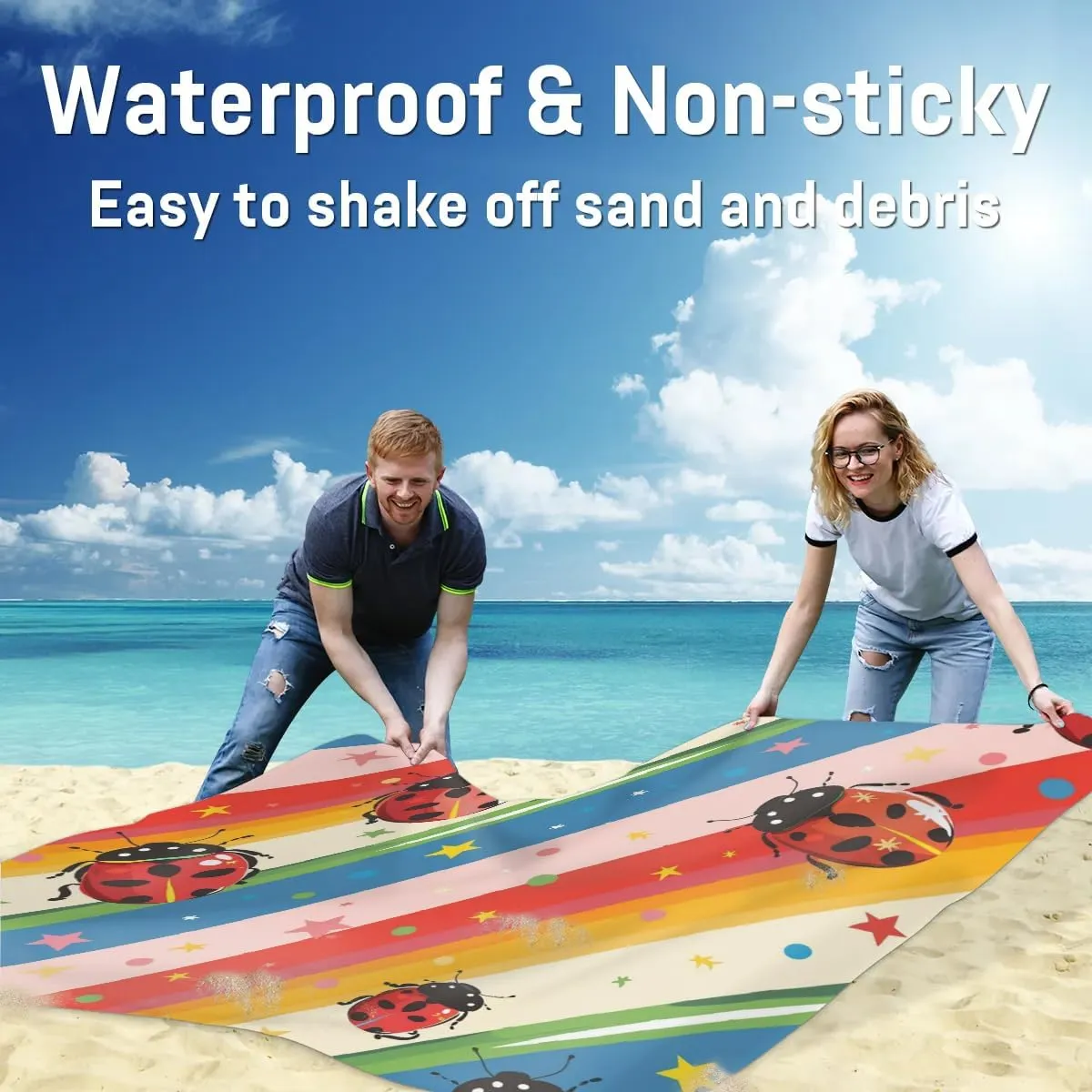 Ladybuges Beach Blanket, Sandproof Beach Mat, Adults Waterproof Quick Drying Sand Free Mat with 4 x Ground Spikes for Outdoor Travel Camping Hiking, Red Ladybugs Rainbow