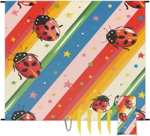 Ladybuges Beach Blanket, Sandproof Beach Mat, Adults Waterproof Quick Drying Sand Free Mat with 4 x Ground Spikes for Outdoor Travel Camping Hiking, Red Ladybugs Rainbow
