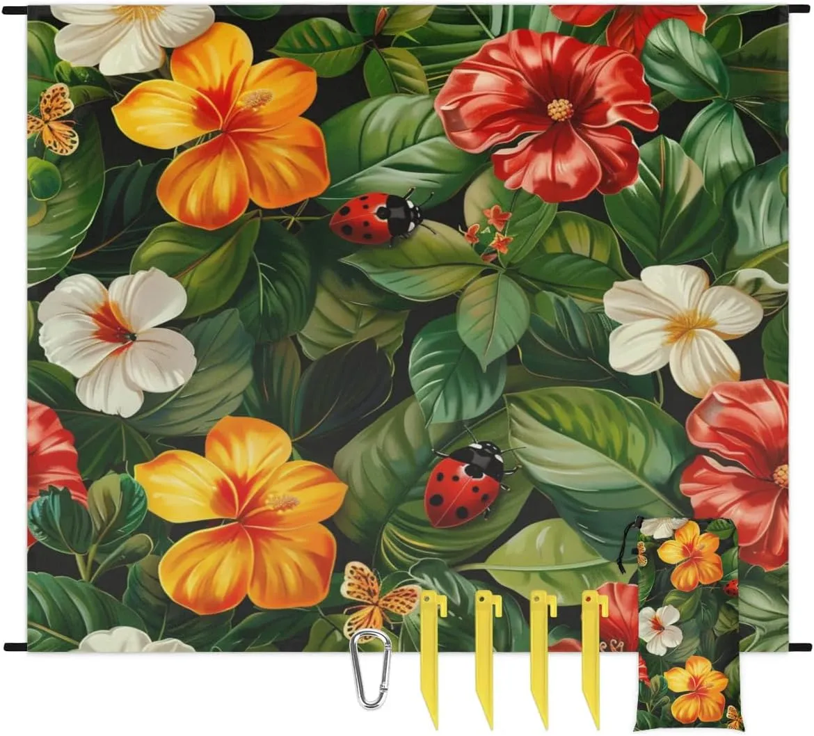 Ladybugs Beach Blanket, Sandproof Beach Mat, Adults Waterproof Quick Drying Sand Free Mat with 4 x Ground Spikes for Outdoor Travel Camping Hiking, Tropical Floral Leaf