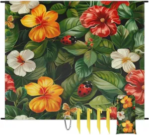 Ladybugs Beach Blanket, Sandproof Beach Mat, Adults Waterproof Quick Drying Sand Free Mat with 4 x Ground Spikes for Outdoor Travel Camping Hiking, Tropical Floral Leaf