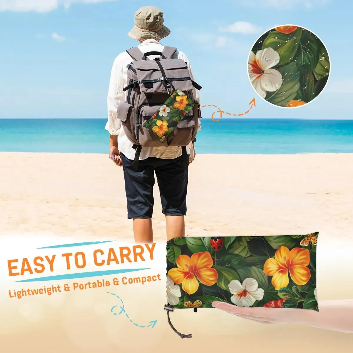 Ladybugs Beach Blanket, Sandproof Beach Mat, Adults Waterproof Quick Drying Sand Free Mat with 4 x Ground Spikes for Outdoor Travel Camping Hiking, Tropical Floral Leaf