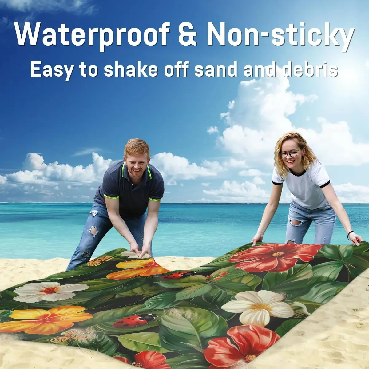 Ladybugs Beach Blanket, Sandproof Beach Mat, Adults Waterproof Quick Drying Sand Free Mat with 4 x Ground Spikes for Outdoor Travel Camping Hiking, Tropical Floral Leaf
