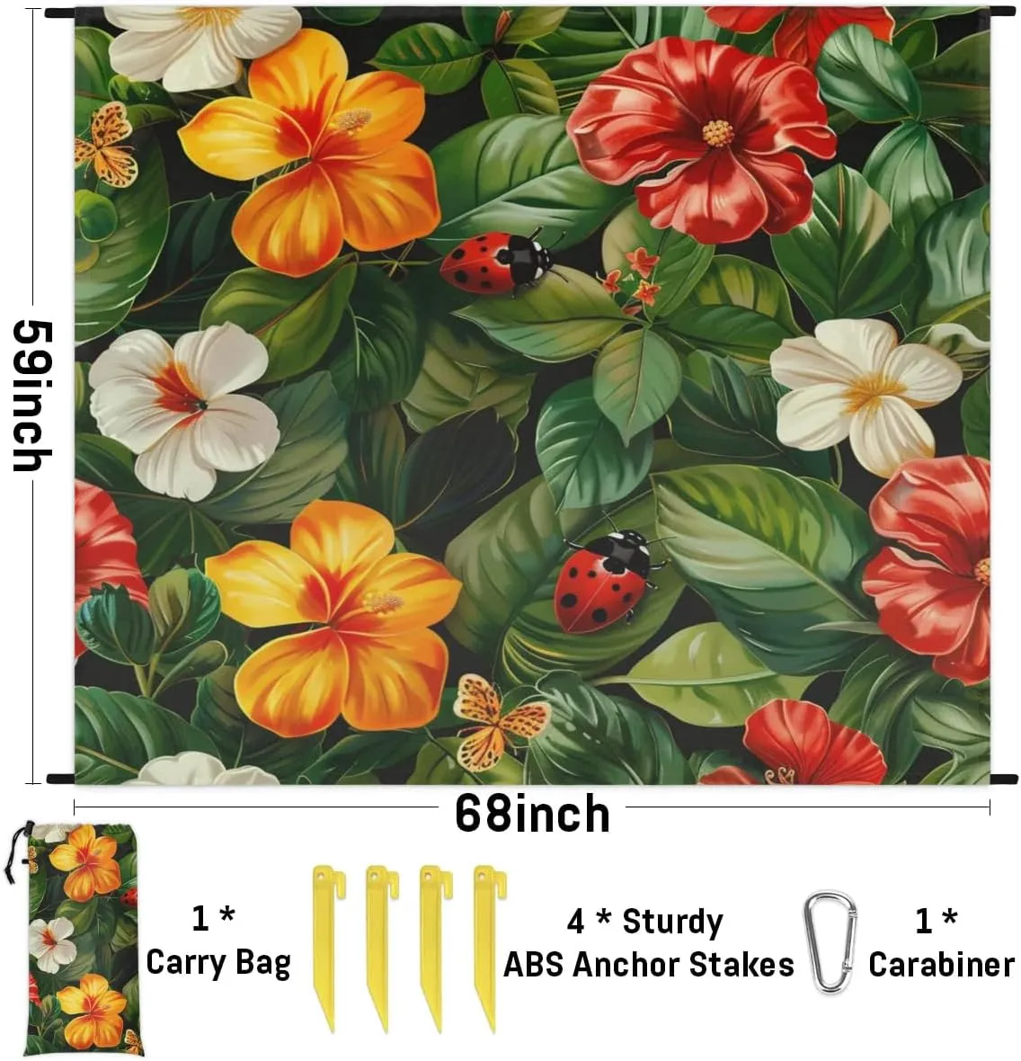 Ladybugs Beach Blanket, Sandproof Beach Mat, Adults Waterproof Quick Drying Sand Free Mat with 4 x Ground Spikes for Outdoor Travel Camping Hiking, Tropical Floral Leaf