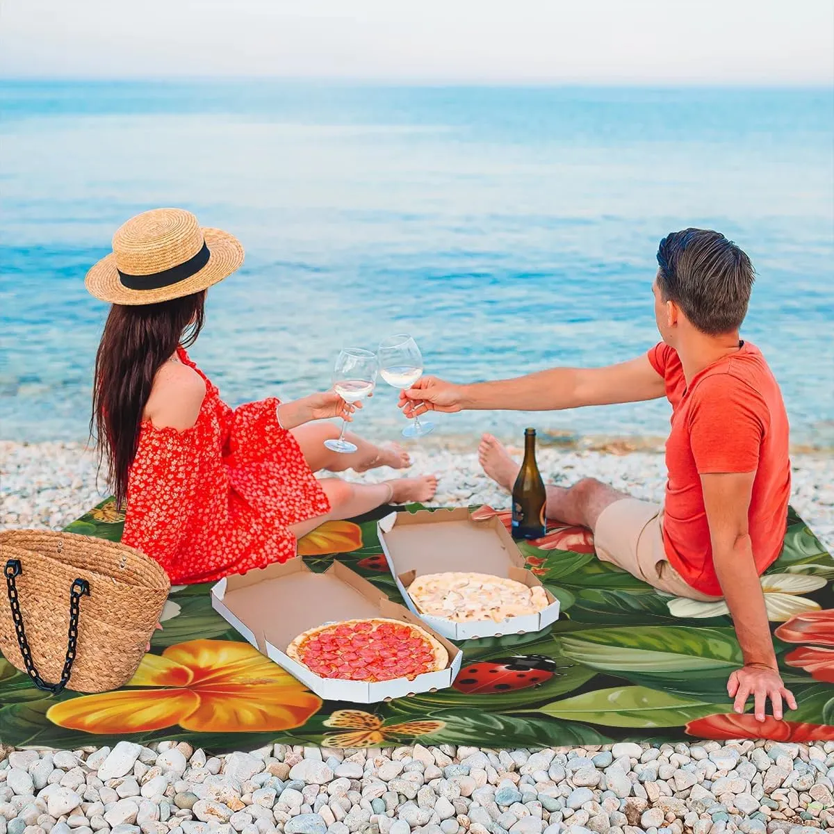Ladybugs Beach Blanket, Sandproof Beach Mat, Adults Waterproof Quick Drying Sand Free Mat with 4 x Ground Spikes for Outdoor Travel Camping Hiking, Tropical Floral Leaf