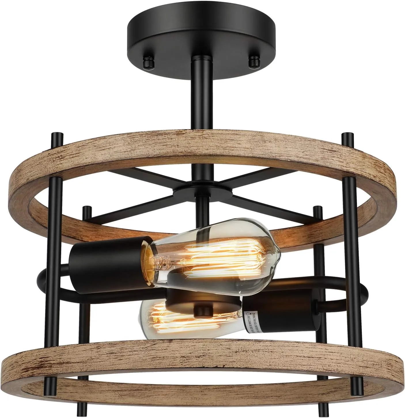 Lakumu 2-Light Retro Semi Flush Mount Ceiling Light Fixture, Rustic Vintage Wood Ceiling Light Black Metal, Industrial Farmhouse Ceiling Lamp for Hallway Entryway Bedroom Balcony Farmhouse Dining Room