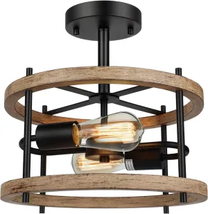 Lakumu 2-Light Retro Semi Flush Mount Ceiling Light Fixture, Rustic Vintage Wood Ceiling Light Black Metal, Industrial Farmhouse Ceiling Lamp for Hallway Entryway Bedroom Balcony Farmhouse Dining Room