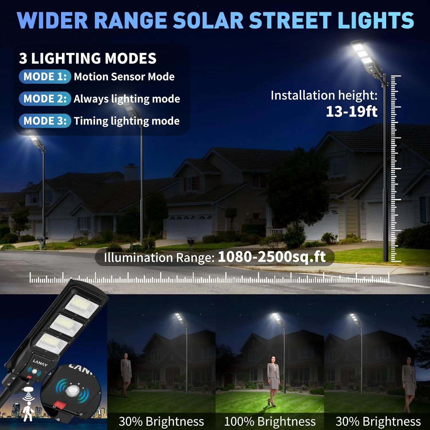 LANGY Solar Street Light Upgraded 9000 Lumens, 180 PCS LED Solar Powered Street Lamp Outdoor, 15000 mAh Battery, PIR Motion Sensor, 6000K, Dusk to Dawn Security Led Post Street Light