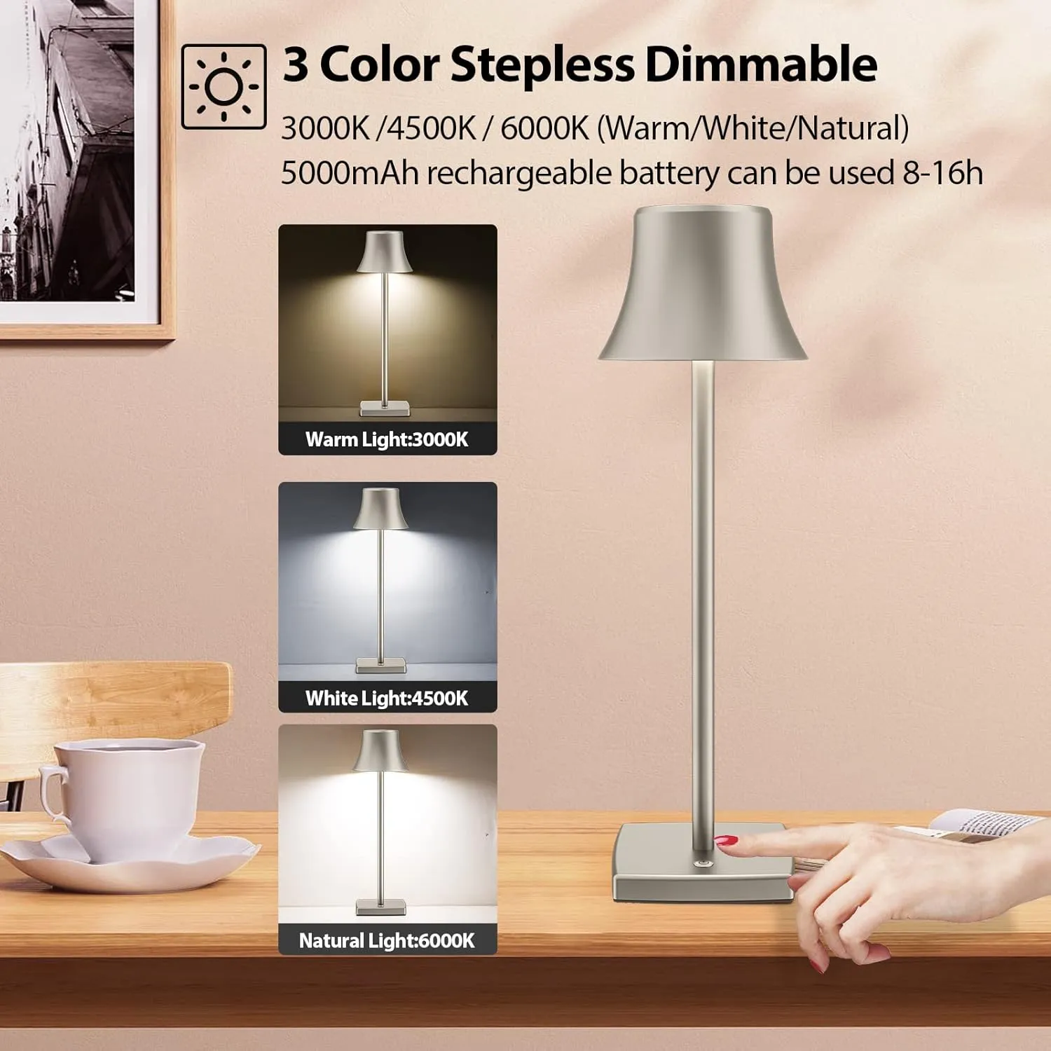 LED Desk Lamp Cordless Table Light, Rechargeable Battery Powered 3 Levels Brightness Dimmable for Outdoor Portable Restaurant Dining Lights Set of 2 Pack Silver