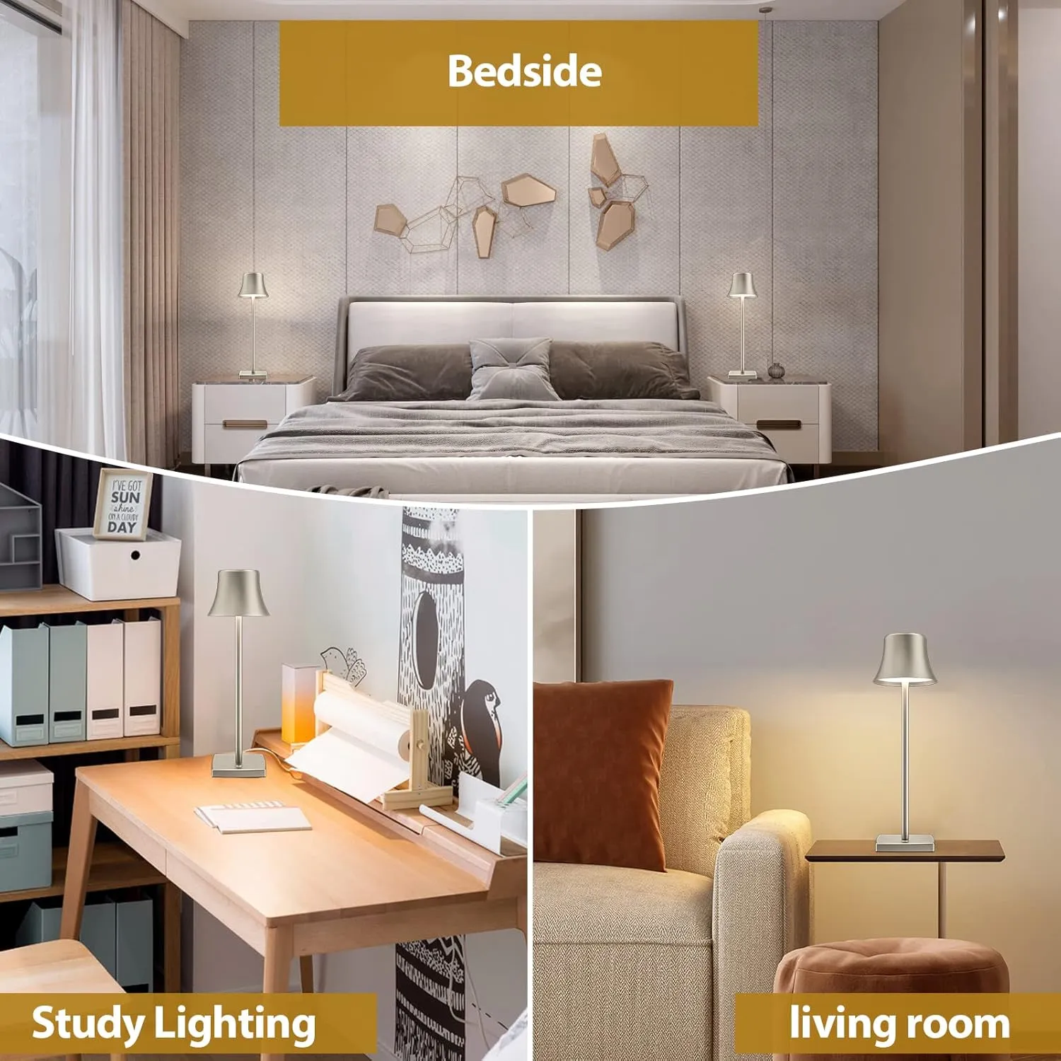 LED Desk Lamp Cordless Table Light, Rechargeable Battery Powered 3 Levels Brightness Dimmable for Outdoor Portable Restaurant Dining Lights Set of 2 Pack Silver