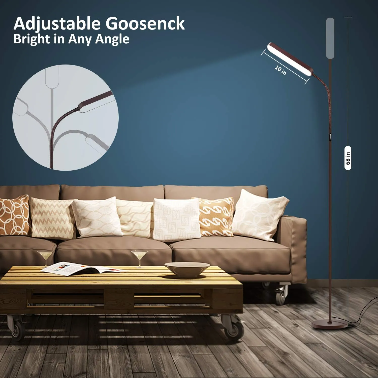Led Floor Lamp with 4 Color Temperature and Stepless Dimmer, Remote and Touch Control Floor Lamp, Adjustable Gooseneck Standing Lamp for Living Room