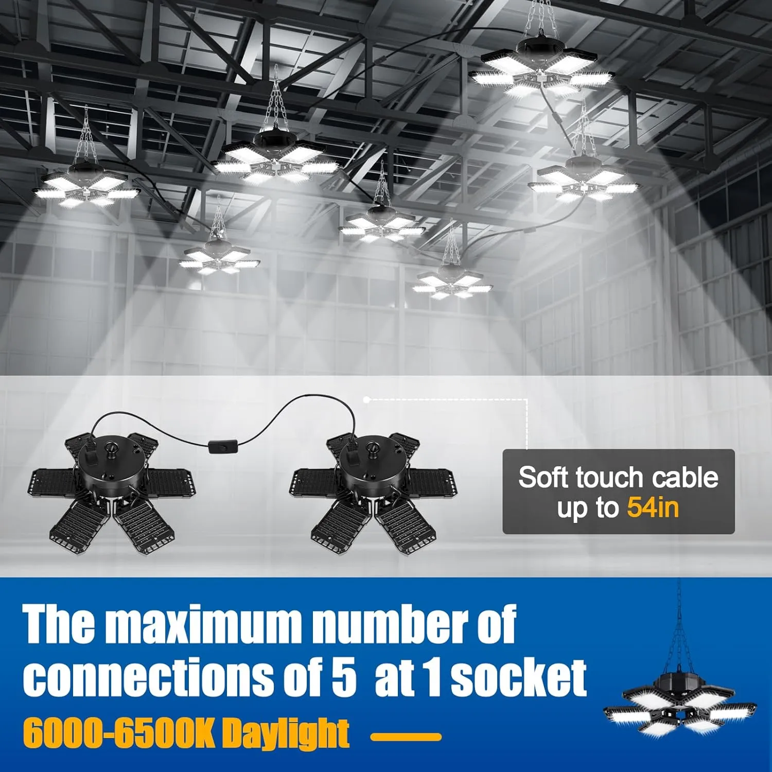 LED Garage Lights 2 Pack - 180W, 18000LM 6500K Led Shop Light with 6 1 Deformable Panels, Basement, Barn, Warehouse, Shop Ceiling Lights, E26/E27 for Multiple Uses