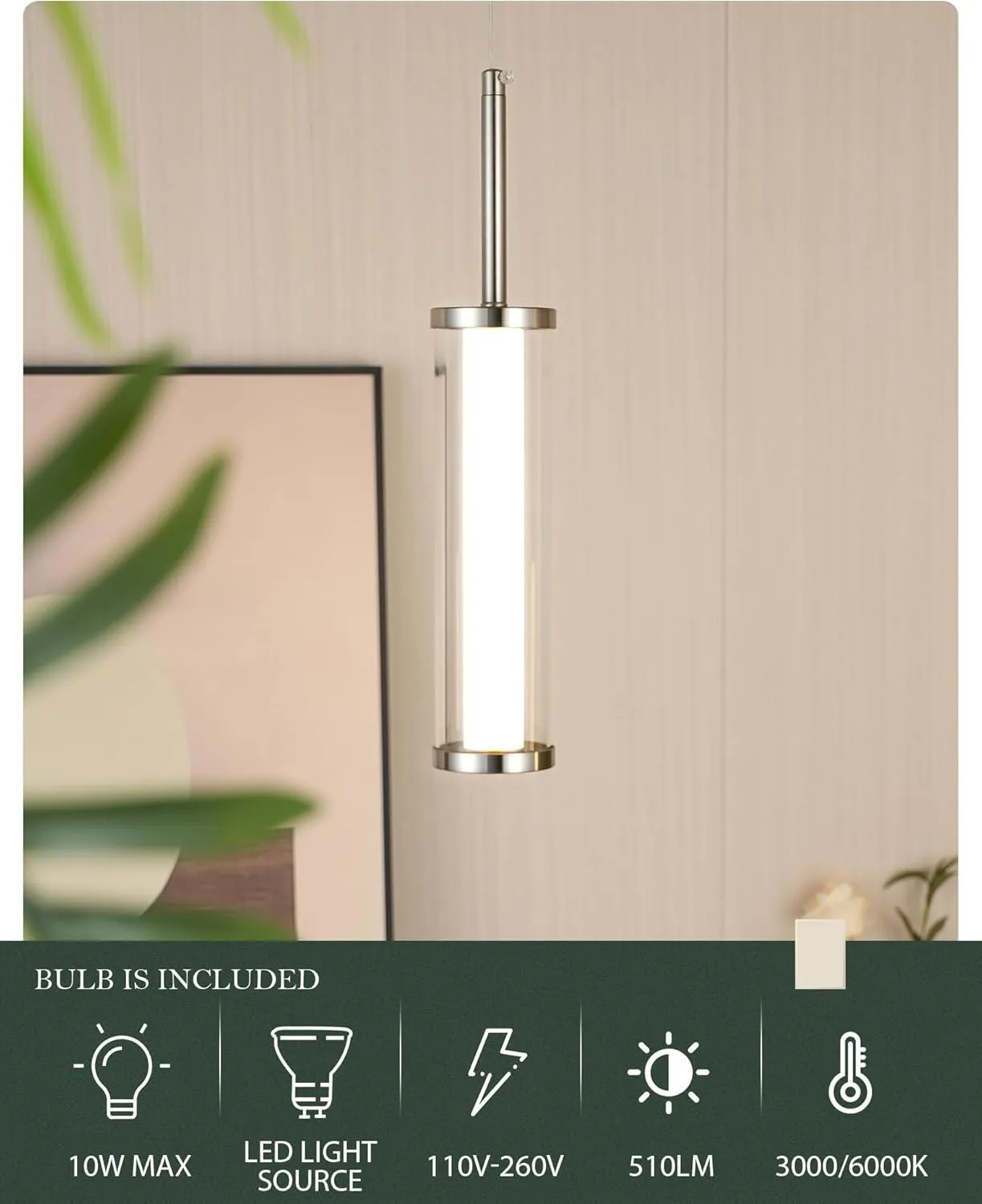 LED Pendant Light Fixtures with Brushed Nickel, Cylinder Modern Pendant Lights, 10W 3000K/6000K Adjustable Hanging Light for Dining Room Bedroom Hallway Entryway Foyer, PL5570-1P-BN
